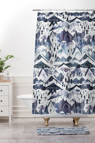 Ninola Design Mountains landscape Blue Shower Curtain And Mat