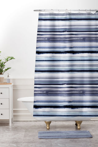 Ninola Design Ombre Sea Stripes Navy Shower Curtain And Mat