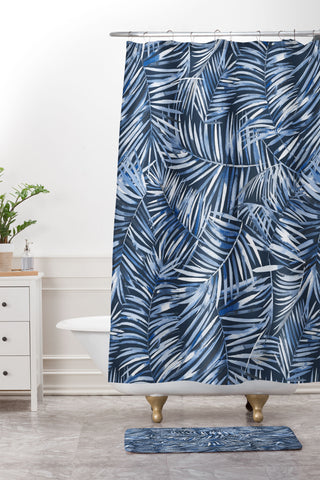 Ninola Design Palms branches navy Shower Curtain And Mat