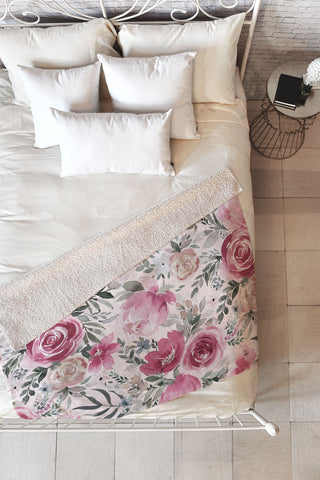 Ninola Design Pastel peony rose bouquet Pink Fleece Throw Blanket