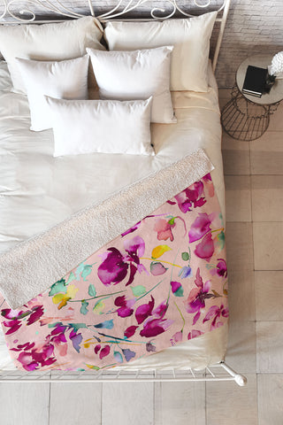 Ninola Design Pink botanical watercolor Fleece Throw Blanket