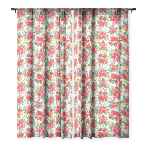 Ninola Design Poinsettia holiday flowers Sheer Window Curtain