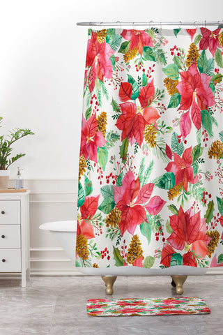Ninola Design Poinsettia holiday flowers Shower Curtain And Mat