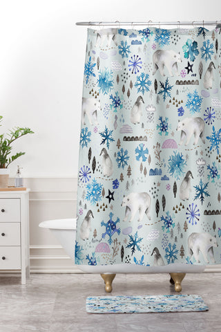 Ninola Design Polar Bears Penguins Snow Fallen Shower Curtain And Mat