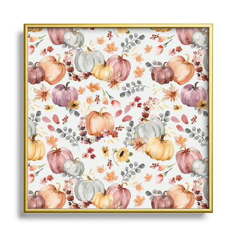 Ninola Design Pumpkins Fall Floral Ecru Square Metal Framed Art Print