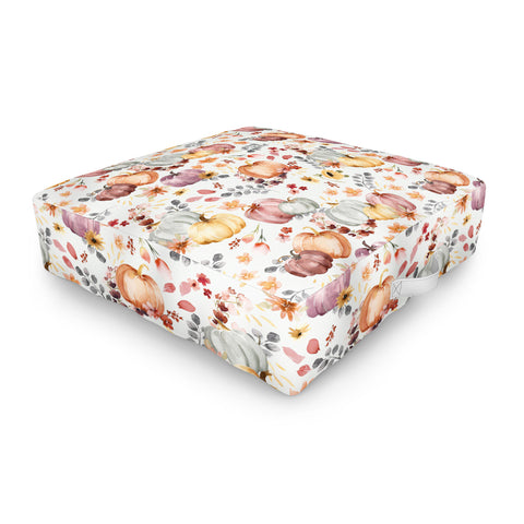 Ninola Design Pumpkins Fall Floral Ecru Outdoor Floor Cushion