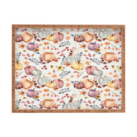 Ninola Design Pumpkins Fall Floral Ecru Rectangular Tray