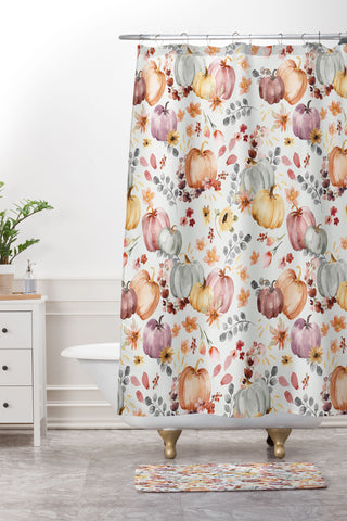 Ninola Design Pumpkins Fall Floral Ecru Shower Curtain And Mat