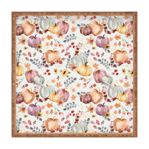 Ninola Design Pumpkins Fall Floral Ecru Square Tray