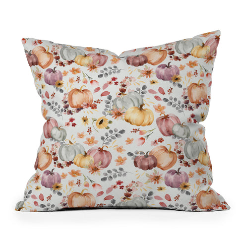 Ninola Design Pumpkins Fall Floral Ecru Throw Pillow