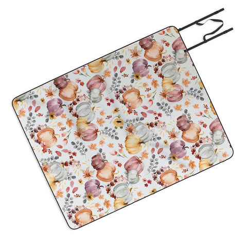Ninola Design Pumpkins Fall Floral Ecru Picnic Blanket