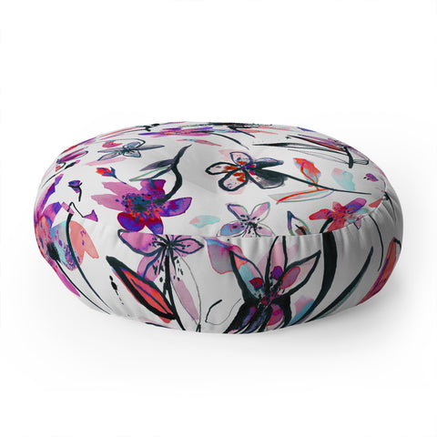 Ninola Design Purple Ink Flowers Floor Pillow Round