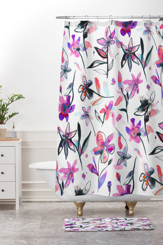 Ninola Design Purple Ink Flowers Shower Curtain And Mat