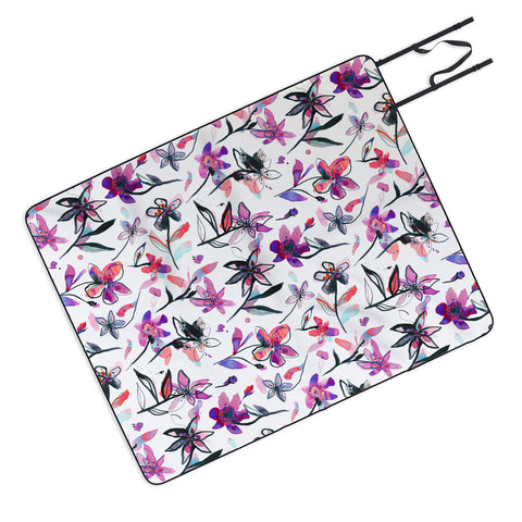 Ninola Design Purple Ink Flowers Picnic Blanket