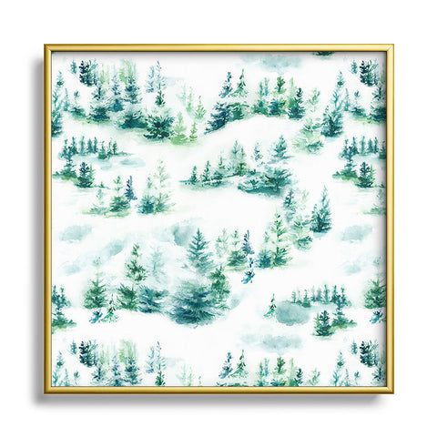 Ninola Design Snow Winter Trees Green Square Metal Framed Art Print