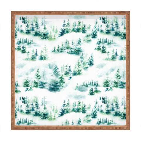 Ninola Design Snow Winter Trees Green Square Tray