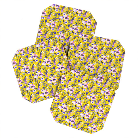 Ninola Design Spring poppies and daisies flowers mustard Coaster Set