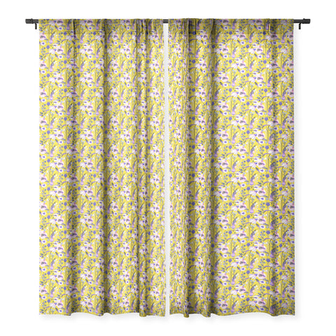 Ninola Design Spring poppies and daisies flowers mustard Sheer Window Curtain