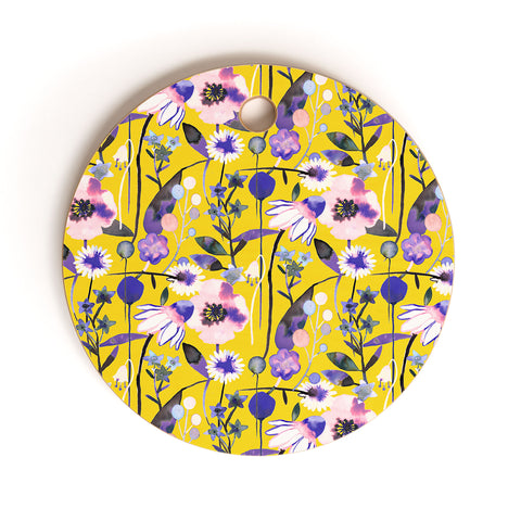 Ninola Design Spring poppies and daisies flowers mustard Cutting Board Round