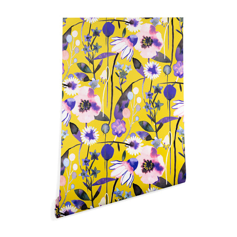 Ninola Design Spring poppies and daisies flowers mustard Wallpaper