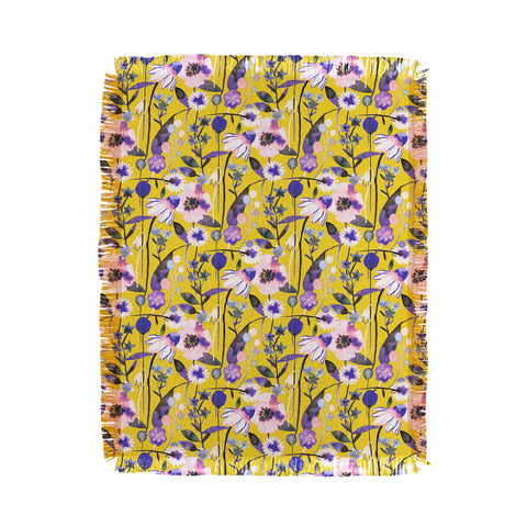 Ninola Design Spring poppies and daisies flowers mustard Throw Blanket
