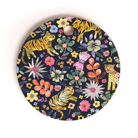 Ninola Design Spring Tigers Jungle Black Cutting Board Round