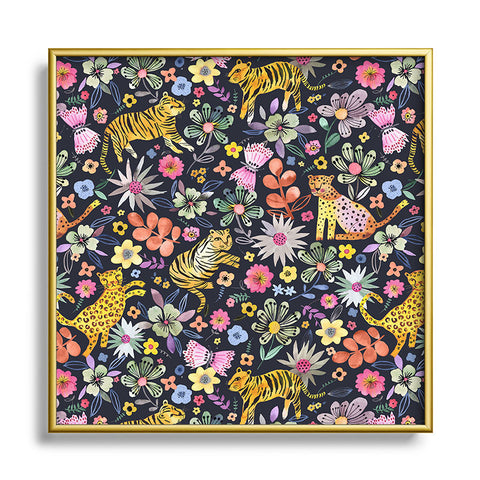 Ninola Design Spring Tigers Jungle Black Metal Square Framed Art Print