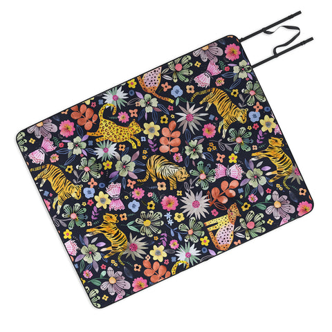 Ninola Design Spring Tigers Jungle Black Picnic Blanket
