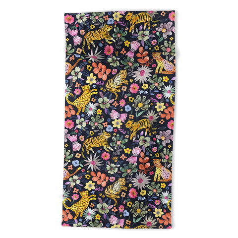 Ninola Design Spring Tigers Jungle Black Beach Towel