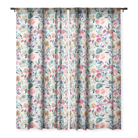 Ninola Design Sweet Romance Flowers Blue Sheer Window Curtain