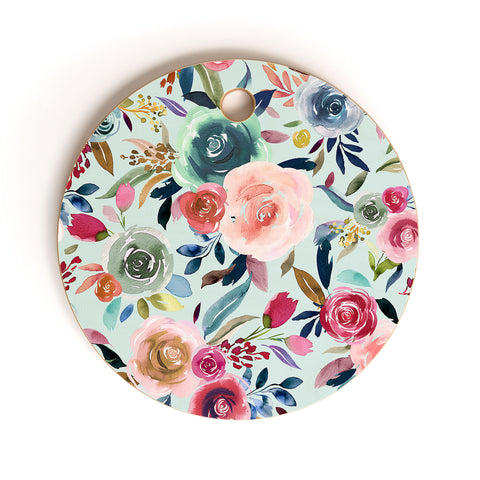 Ninola Design Sweet Romance Flowers Blue Cutting Board Round