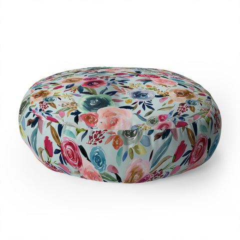 Ninola Design Sweet Romance Flowers Blue Floor Pillow Round