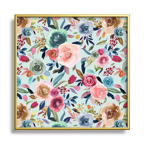 Ninola Design Sweet Romance Flowers Blue Metal Square Framed Art Print