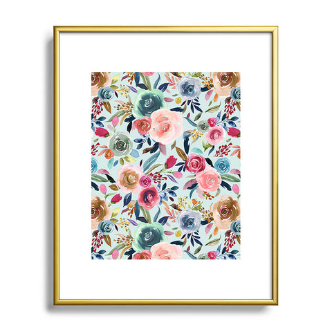 Ninola Design Sweet Romance Flowers Blue Metal Framed Art Print