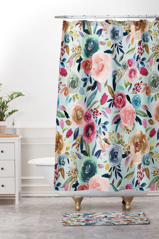 Ninola Design Sweet Romance Flowers Blue Shower Curtain And Mat