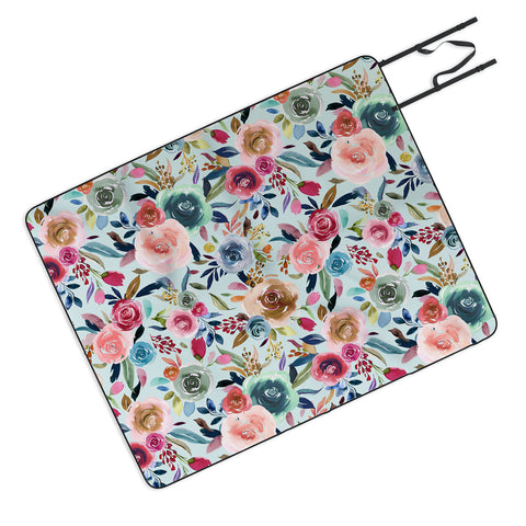 Ninola Design Sweet Romance Flowers Blue Picnic Blanket