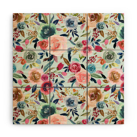 Ninola Design Sweet Romance Flowers Blue Wood Wall Mural