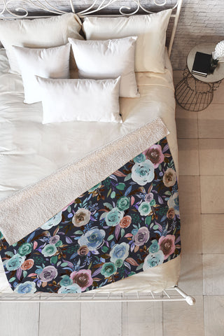 Ninola Design Sweet Romance Flowers Navy Fleece Throw Blanket