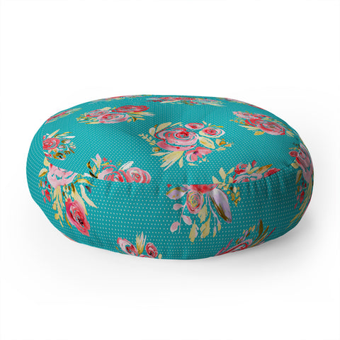 Ninola Design Sweet Roses Blooms Blue Floor Pillow Round