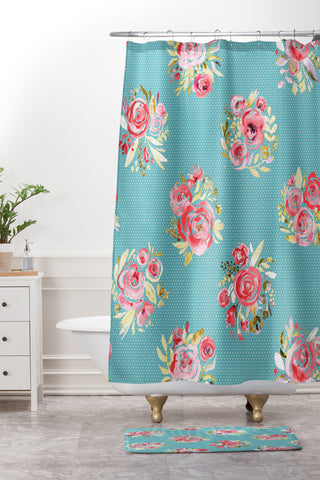 Ninola Design Sweet Roses Blooms Blue Shower Curtain And Mat