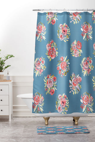 Ninola Design Sweet roses bouquet blue denim Shower Curtain And Mat