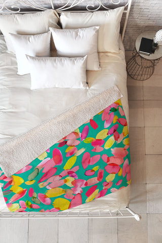 Ninola Design Teal flower petals abstract stains Fleece Throw Blanket