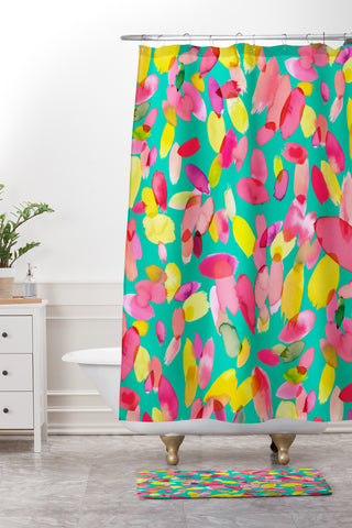 Ninola Design Teal flower petals abstract stains Shower Curtain And Mat