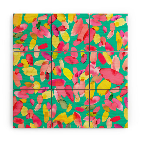 Ninola Design Teal flower petals abstract stains Wood Wall Mural