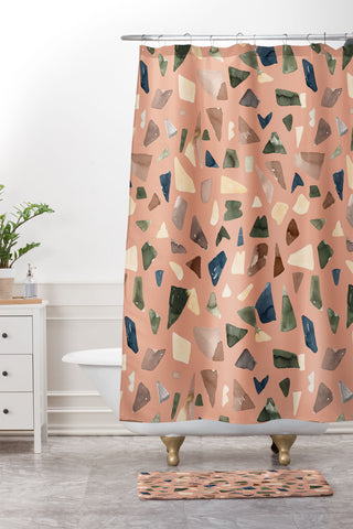 Ninola Design Terrazzo Mineral Watercolor Coral Shower Curtain And Mat
