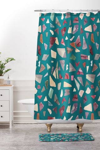 Ninola Design Terrazzo Mineral Watercolor Green Shower Curtain And Mat