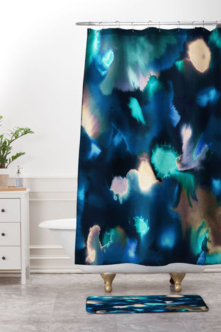 Ninola Design Textural Abstract Watercolor Blue Shower Curtain And Mat