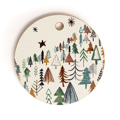 Ninola Design Trees Forest Landscape Green Gold Cutting Board Round