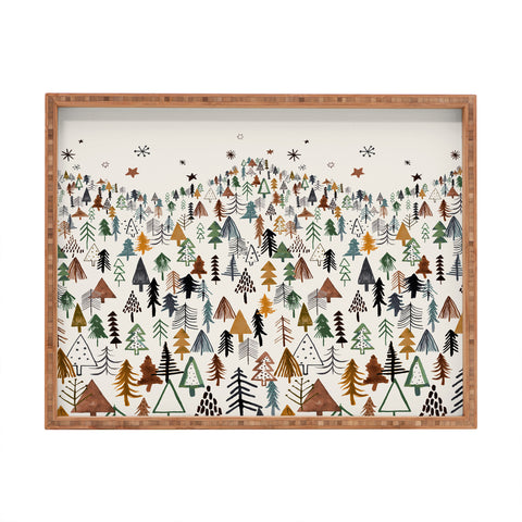 Ninola Design Trees Forest Landscape Green Gold Rectangular Tray