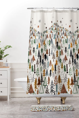 Ninola Design Trees Forest Landscape Green Gold Shower Curtain And Mat